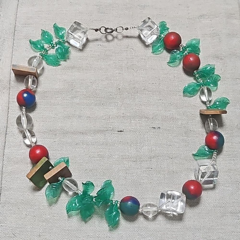 Vintage Lucite Cube Fruit Salad 60s MCM Beaded Necklace OOAK Leafs